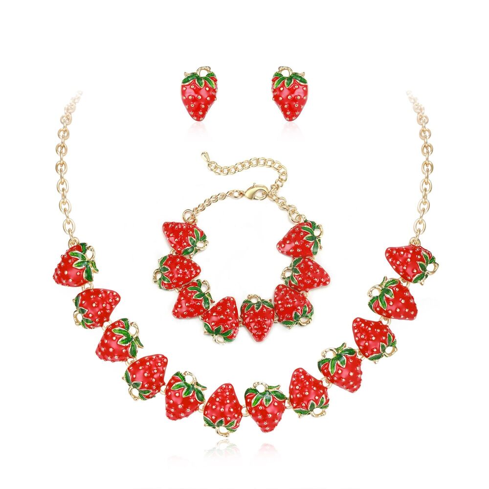 1182 Sweet Red Enamel Strawberry Jewelry Set Adorable Fruit